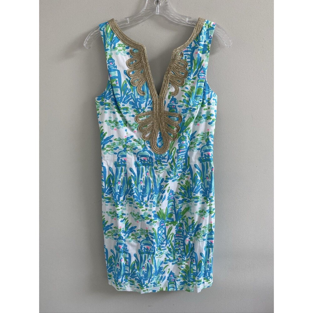 Lilly Pulitzer Janice Shift Dress Womens 2 Blue Lighthouse Gold Trim Sleeveless - Picture 2 of 9
